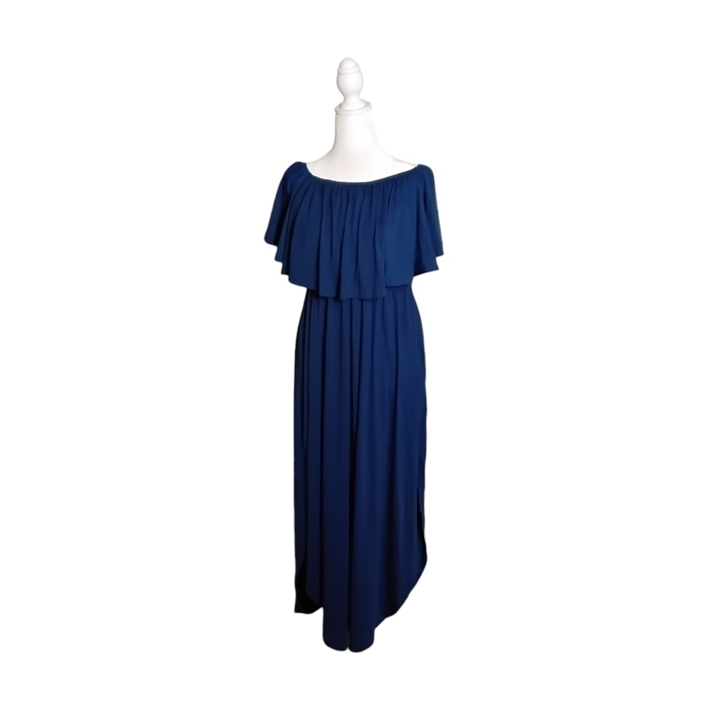 Cupshe Women's Blue On Off Shoulder Split Hem Ruffle Maxi Dress Size L NWT